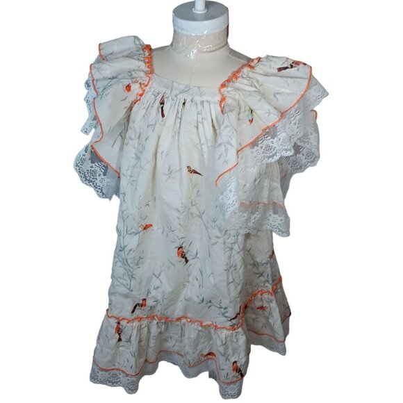 Fox & Heron Dress Bird Print Lace Trim Bow Girls 6 A Line Short Sleeves Comfort - Picture 1 of 14
